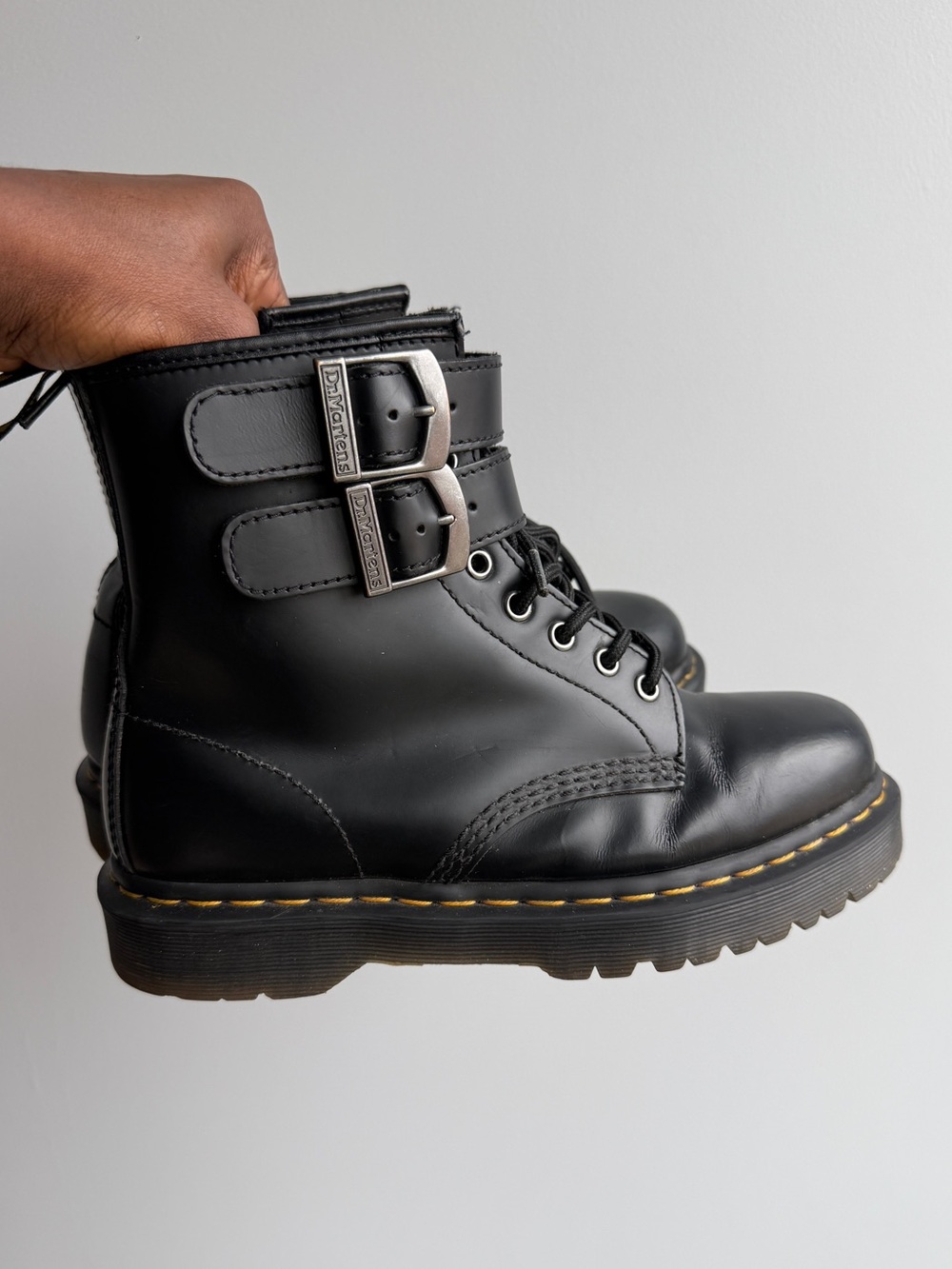 Dr. Martens Black Leather Double-Buckle Lace-Up Boots
